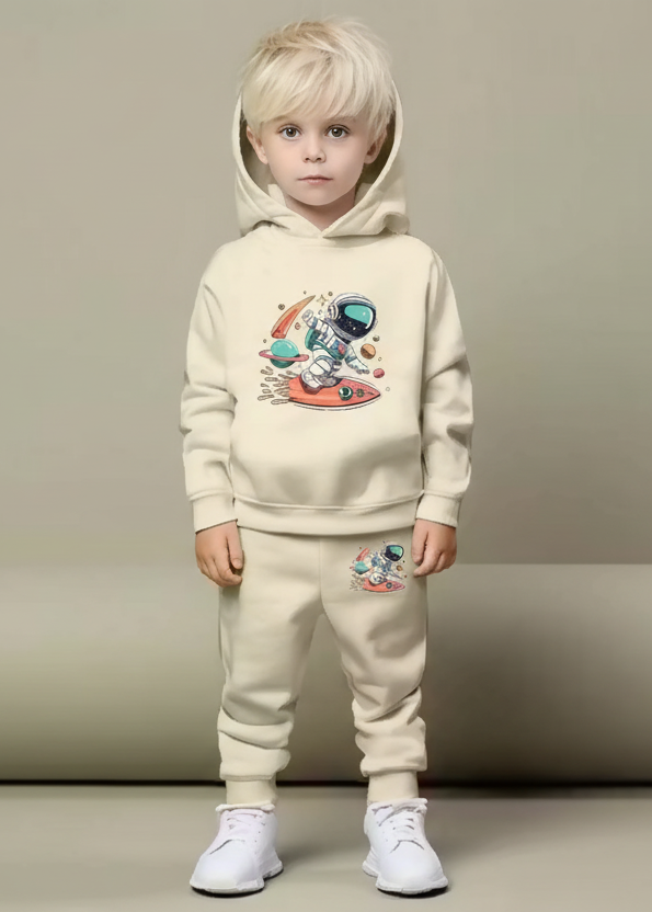 Kids Hooded Sweatshirt & Jogger Set – Astronaut Space Surf Print Casual Wear (Cream) Luck Fashion