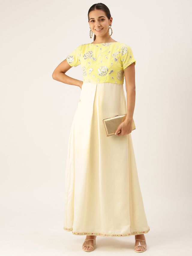 Bollywood Vogue Ready To Wear Beige N Yellow Embroidered Pleated Dress
