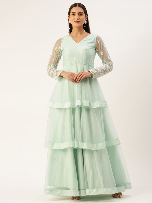 Bollywood Vogue Ready To Wear Light Sea Green Net Embroidered Gown