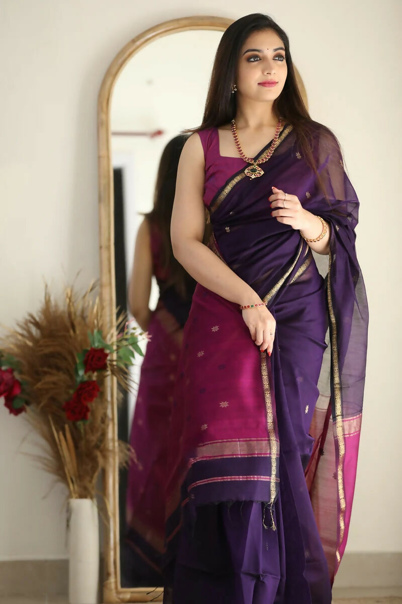 AXONIT Regal Harmony Cotton Saree with Golden Zari Work and Rani Pink Pallu