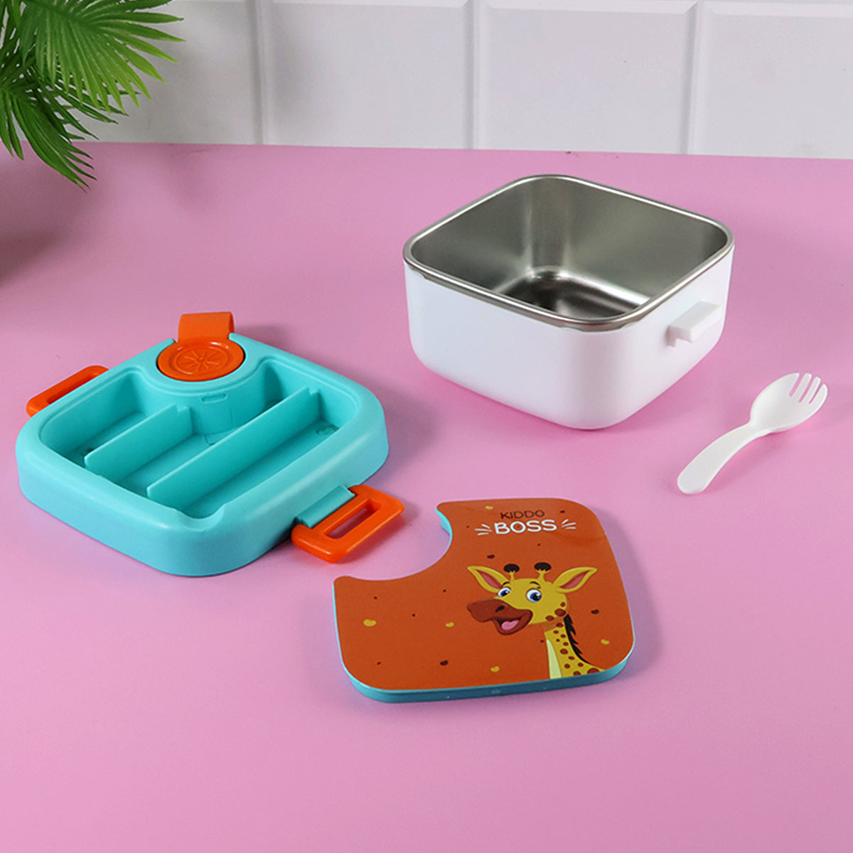 Kids Cartoon Lunch Box with Stainless-Steel Inner Tray – Leak-Resistant 4-Lock Lid, Steam-Release Vent & BPA-Free Outer Case- (1 Set)