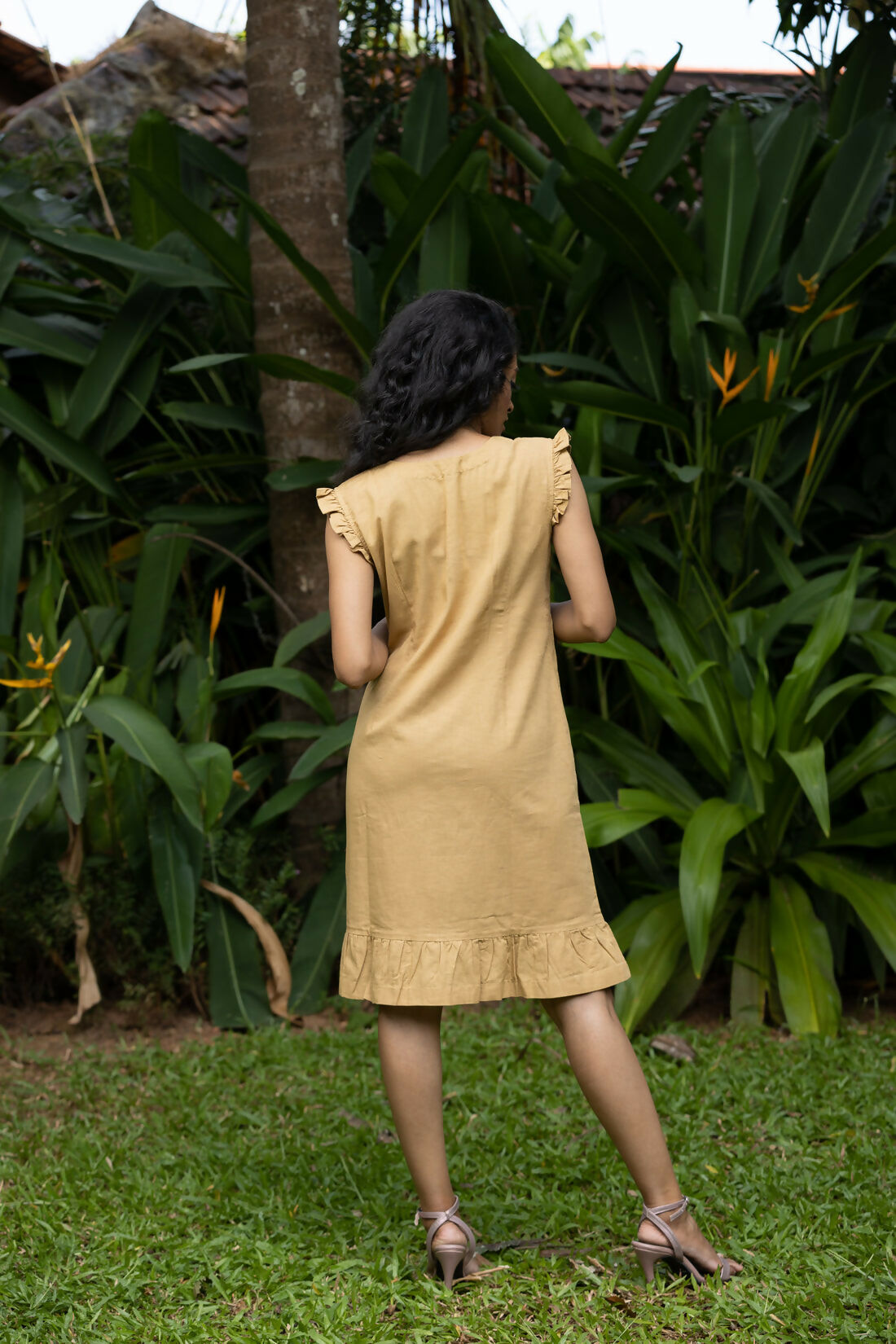 Belle Colourful Printed Cotton Linen Knee Length Dress With Frilled Sleeves And Pleated Hem Studio Sienna
