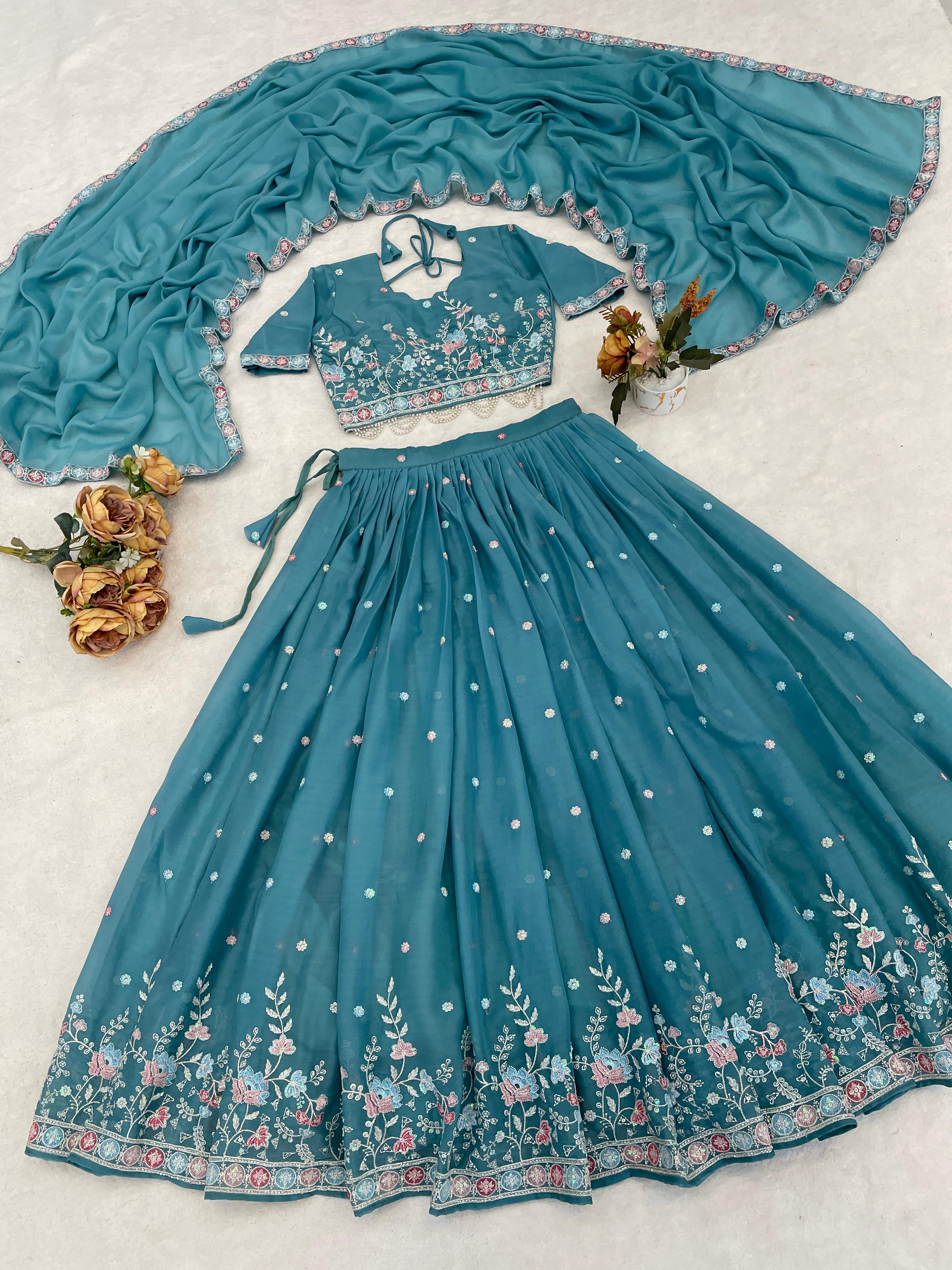 Sky Wedding Embroidery Bead With Traditional Work Lehenga Choli