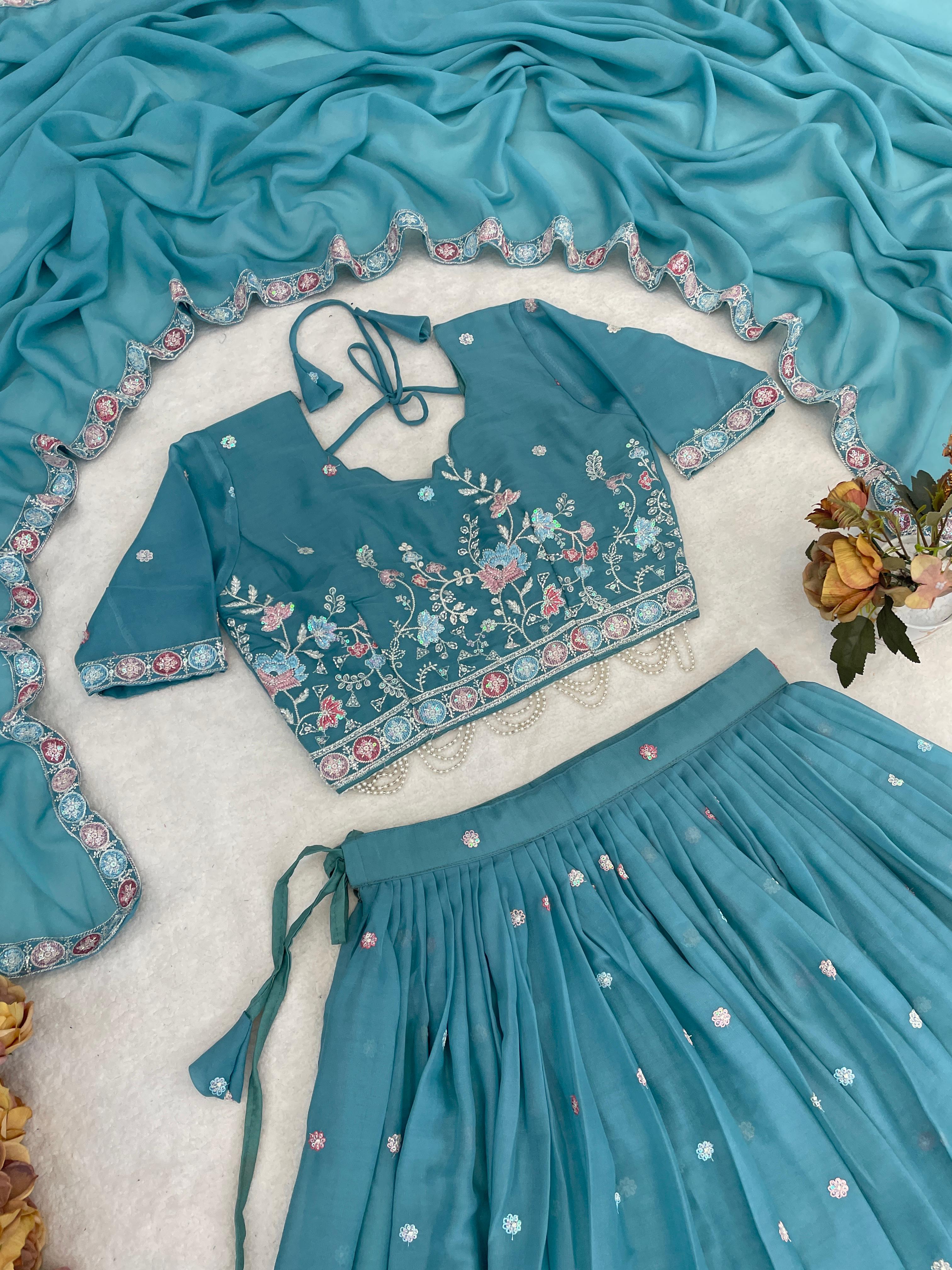 Sky Wedding Embroidery Bead With Traditional Work Lehenga Choli
