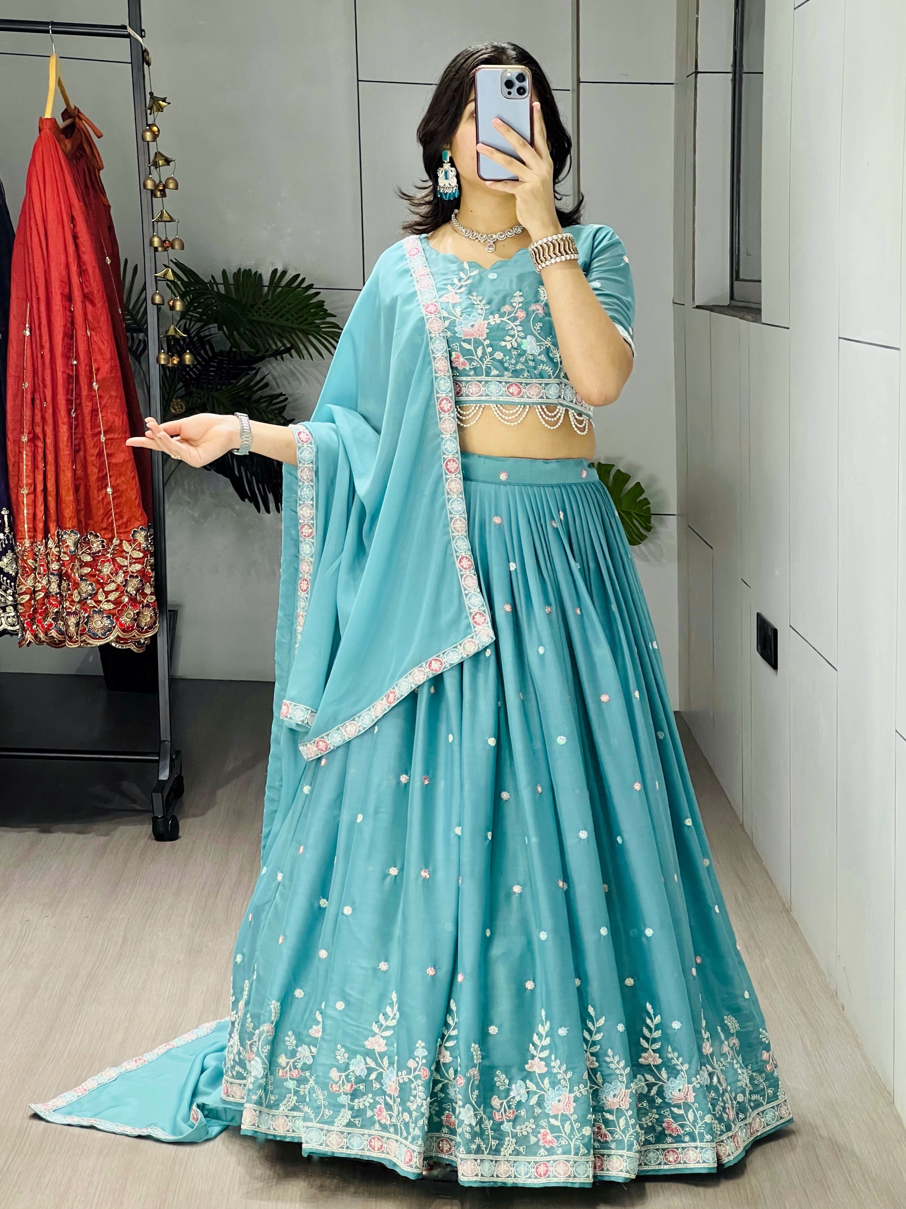 Sky Wedding Embroidery Bead With Traditional Work Lehenga Choli