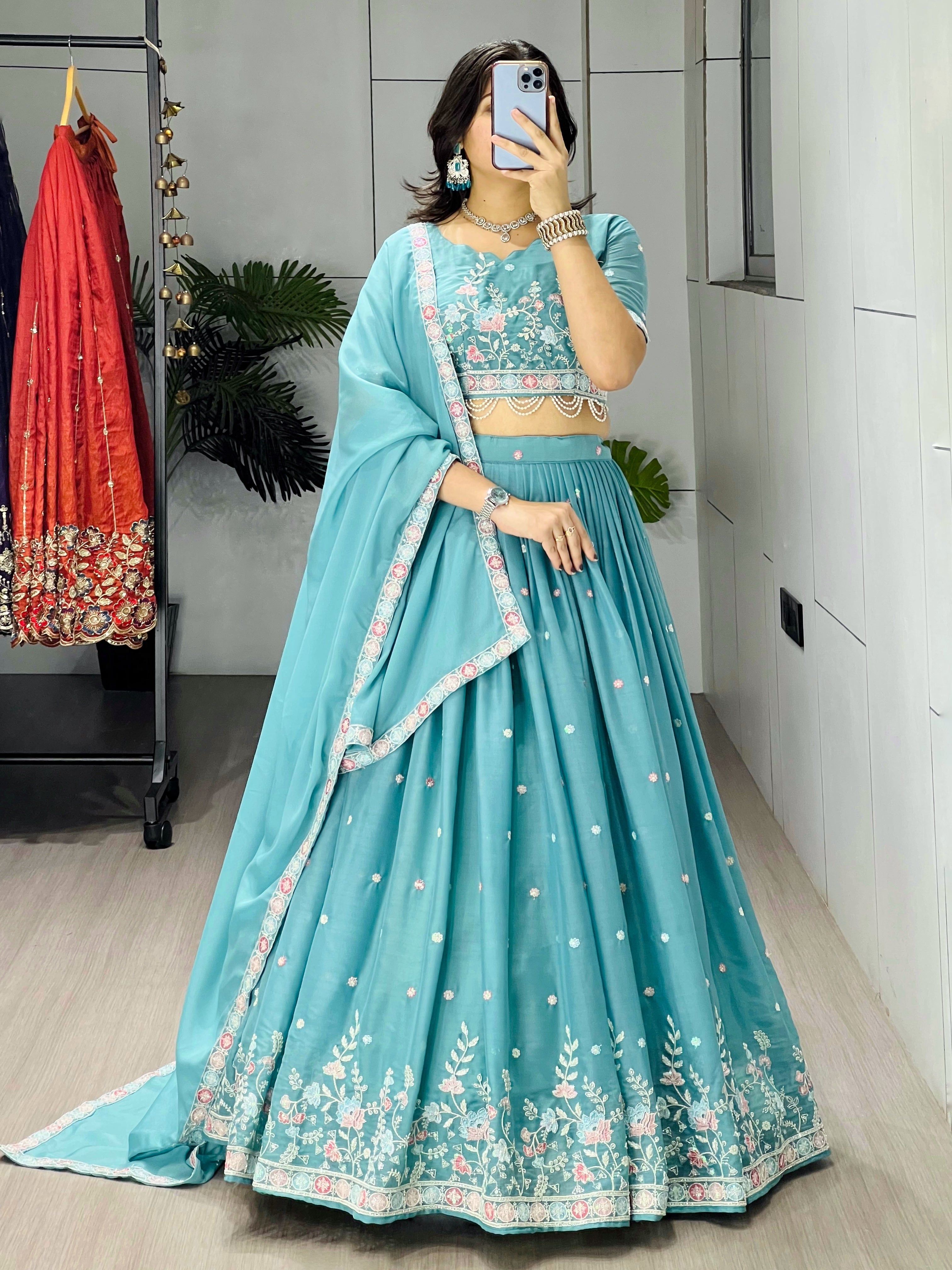 Sky Wedding Embroidery Bead With Traditional Work Lehenga Choli
