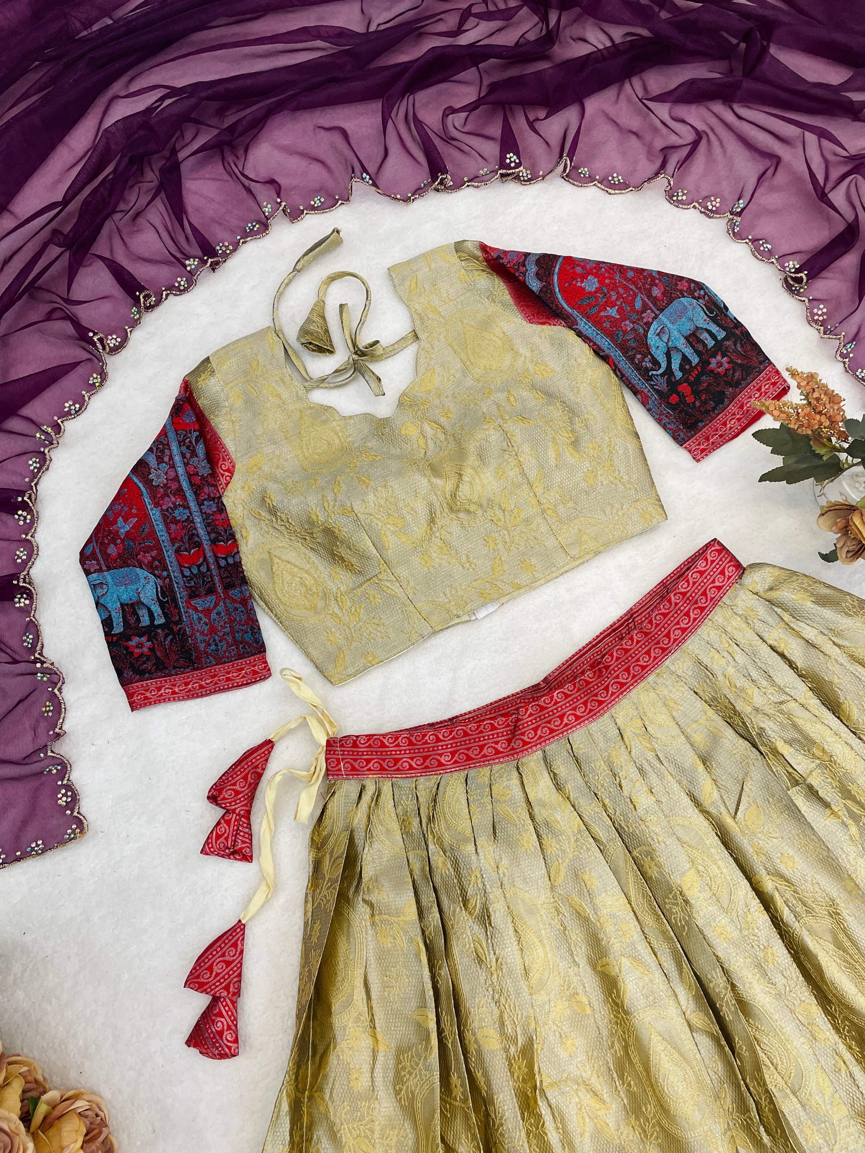 Cream Color Woven Design Lehenga Choli With Dupatta