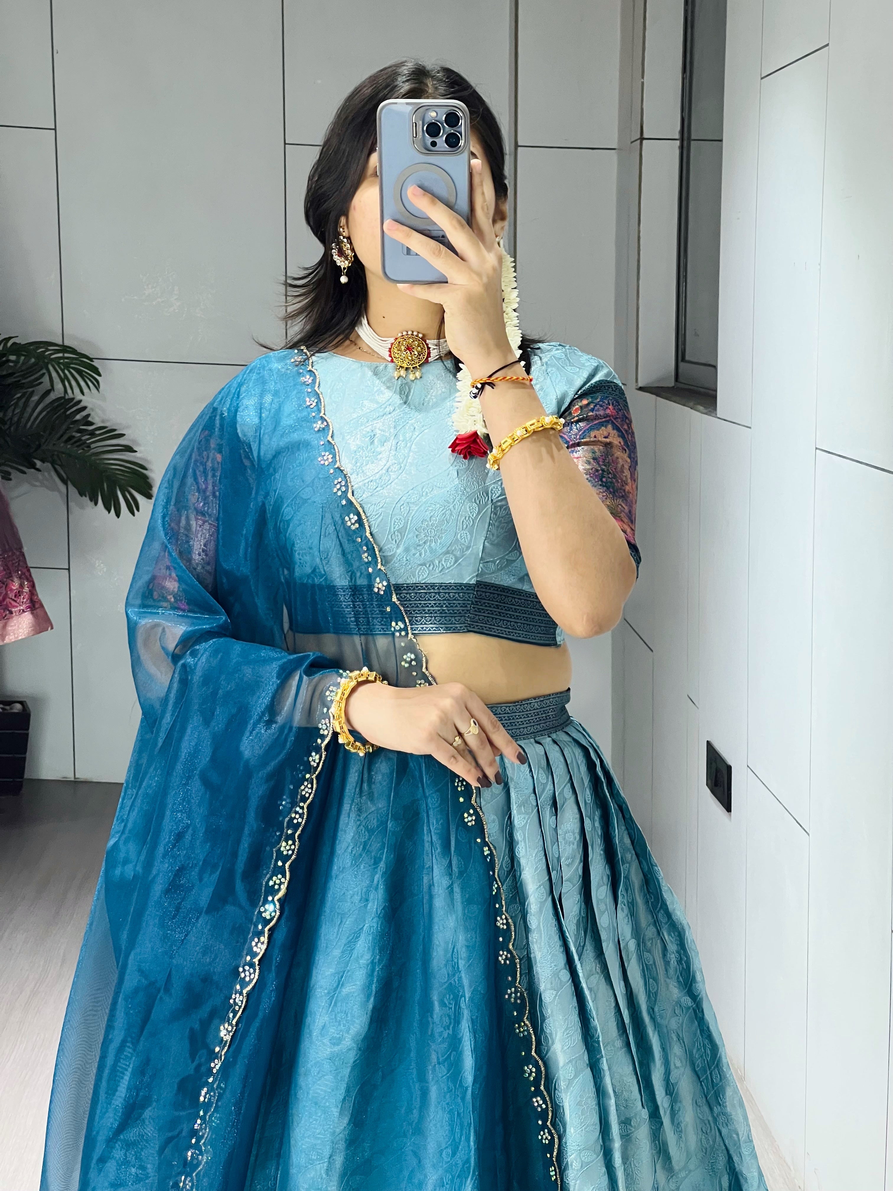 Elegant Peacock Border Sky Silk Lehenga Choli Set