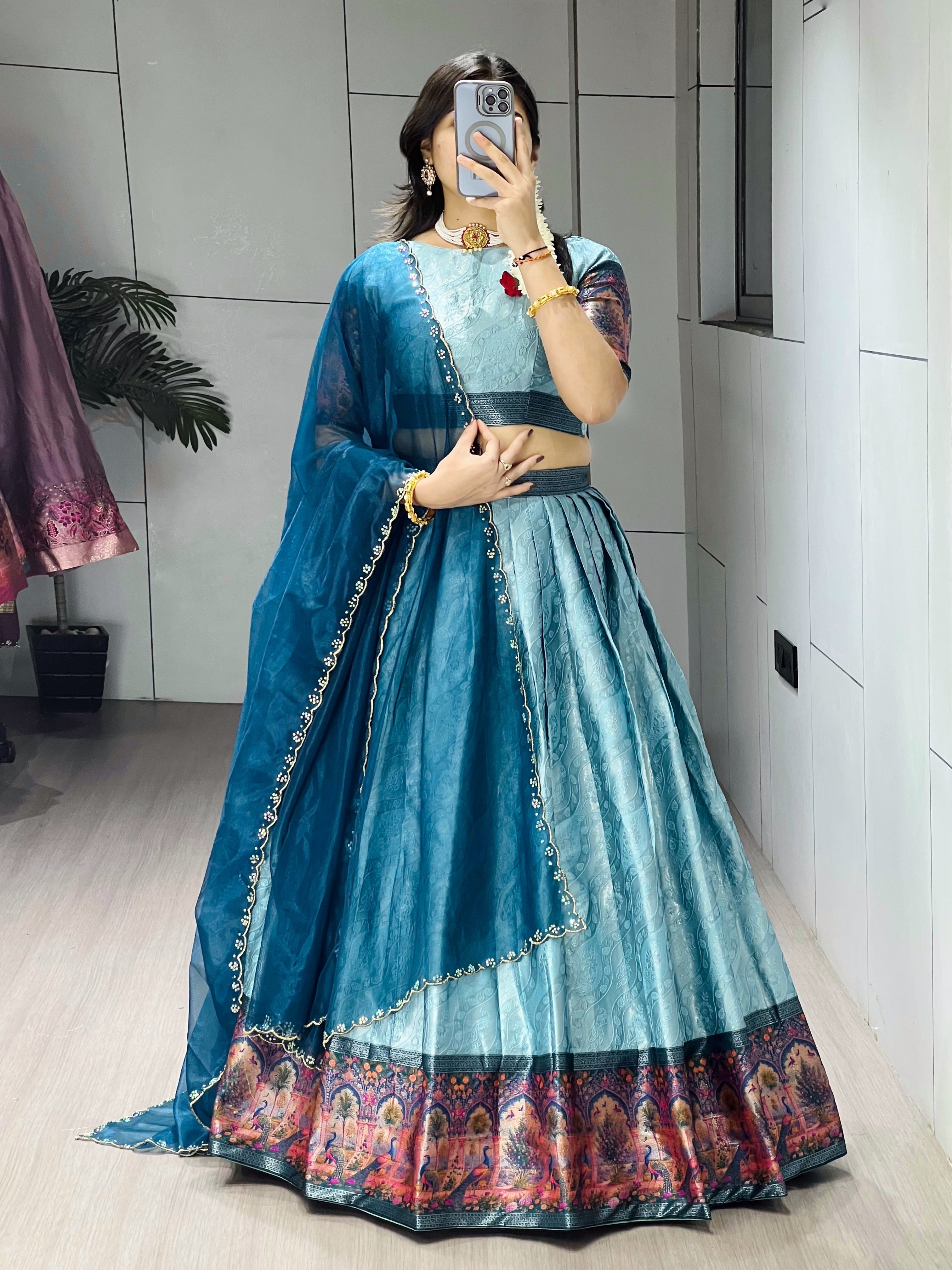 Elegant Peacock Border Sky Silk Lehenga Choli Set
