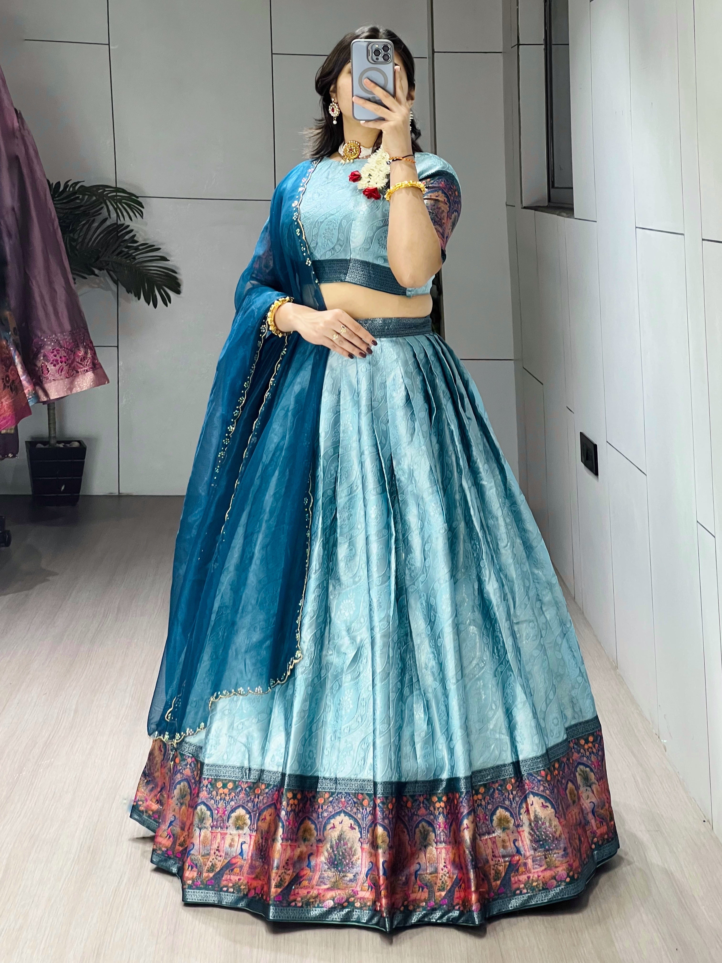 Elegant Peacock Border Sky Silk Lehenga Choli Set