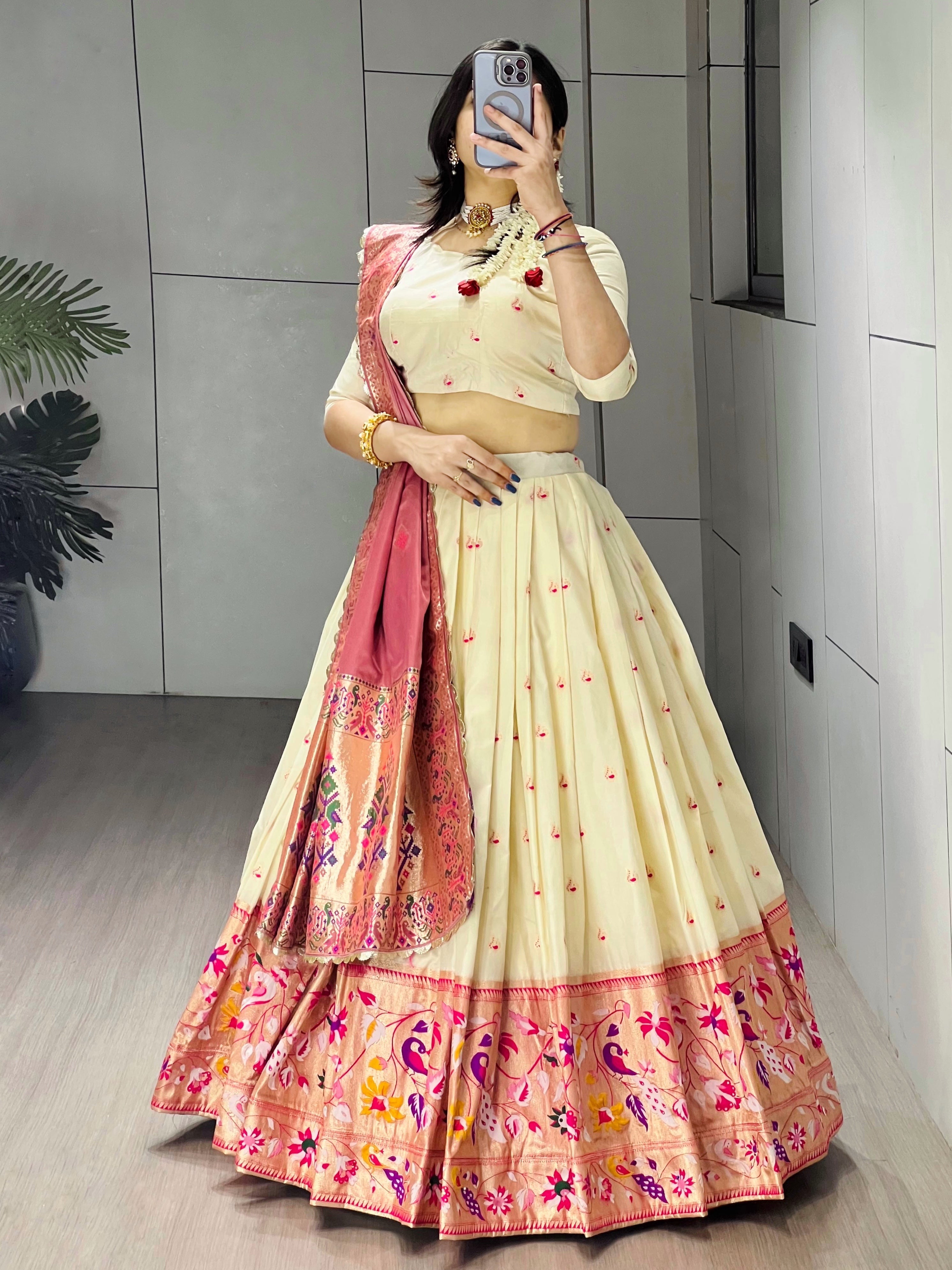 Elegant Cream Paithani Silk Lehenga Set with Dupatta