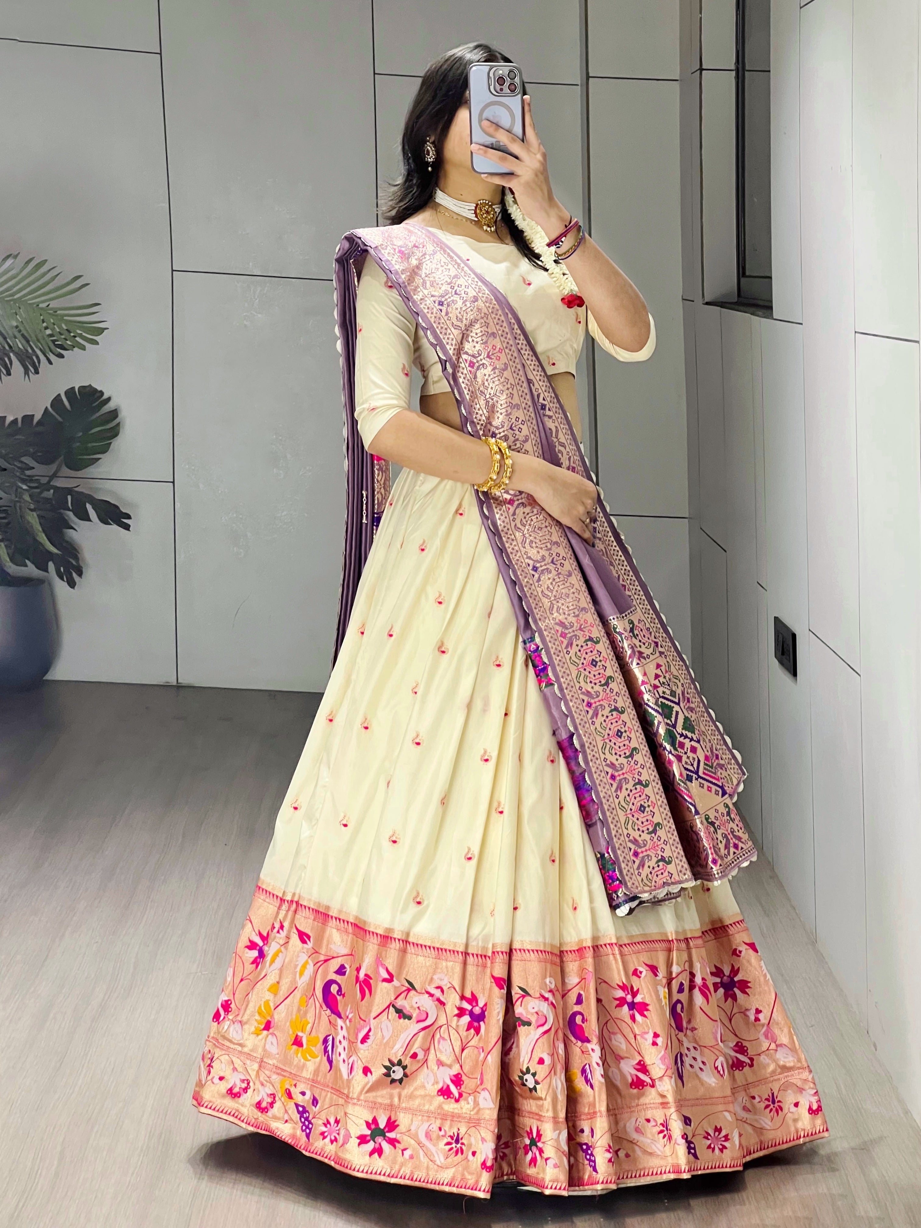 Elegant Cream Paithani Silk Lehenga Set with Dupatta