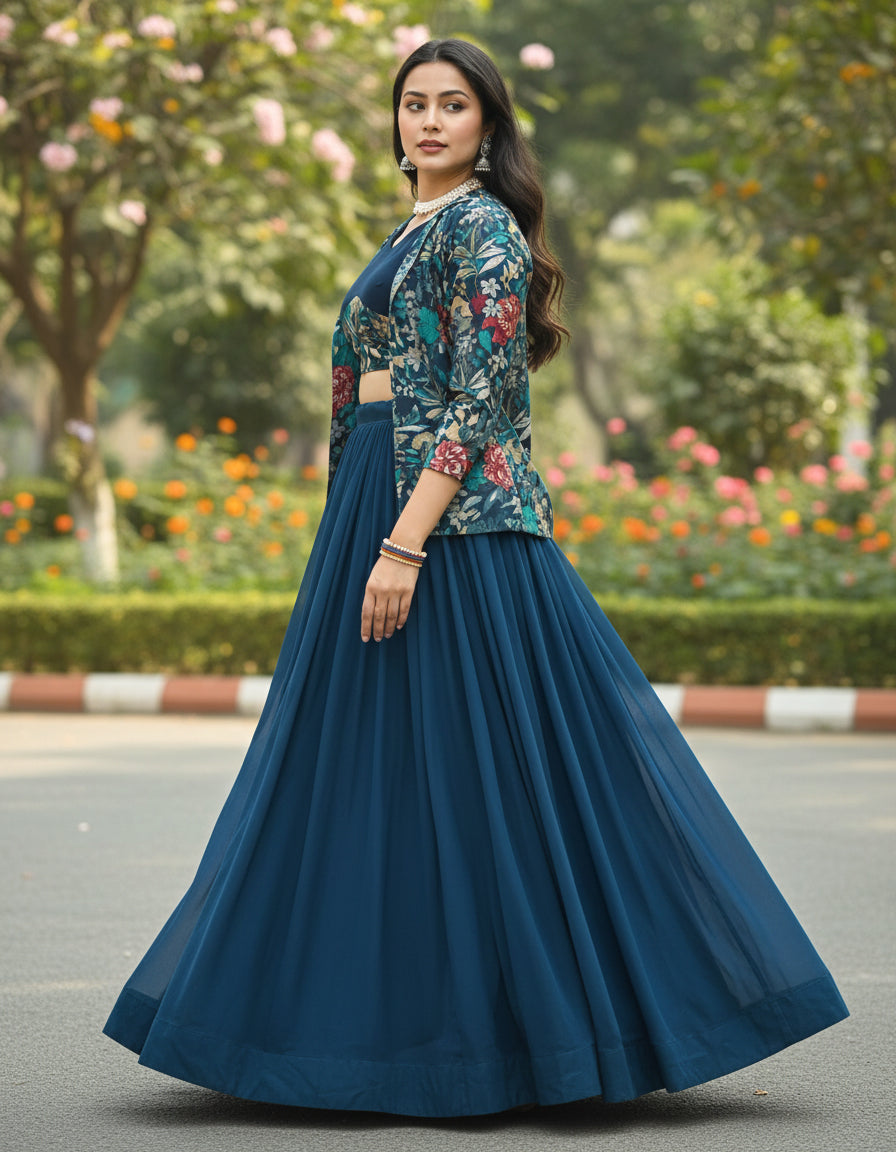 Designer Lehenga Set with Floral Print Jacket