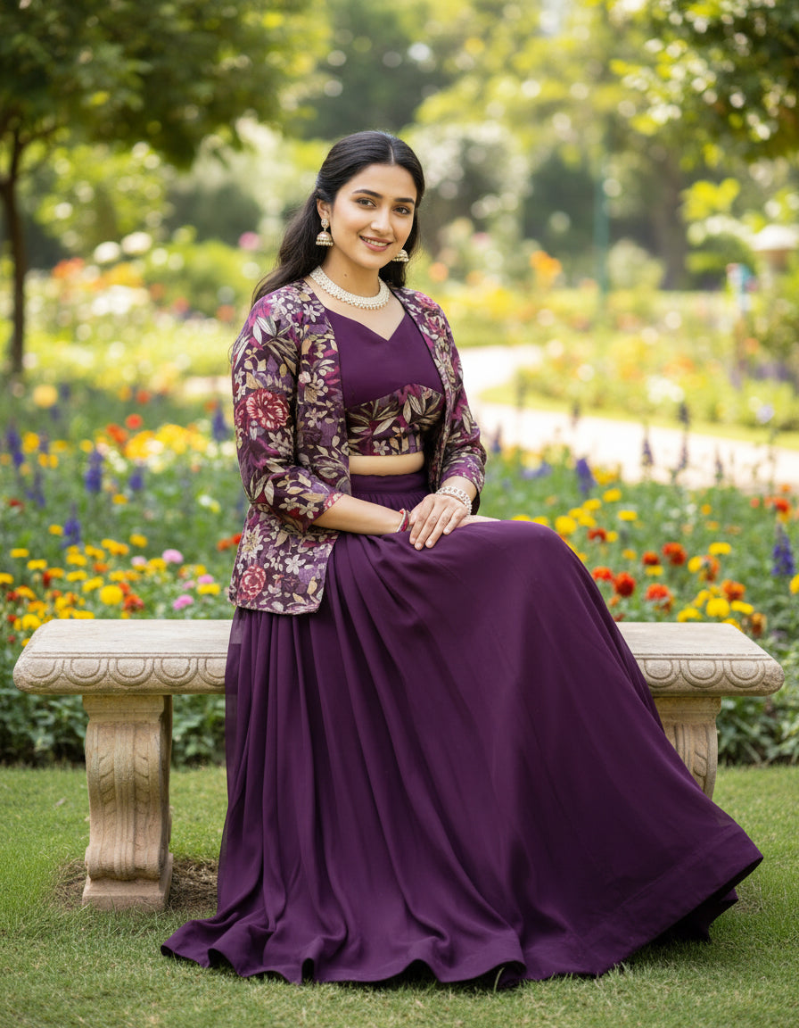Designer Lehenga Set with Floral Print Jacket