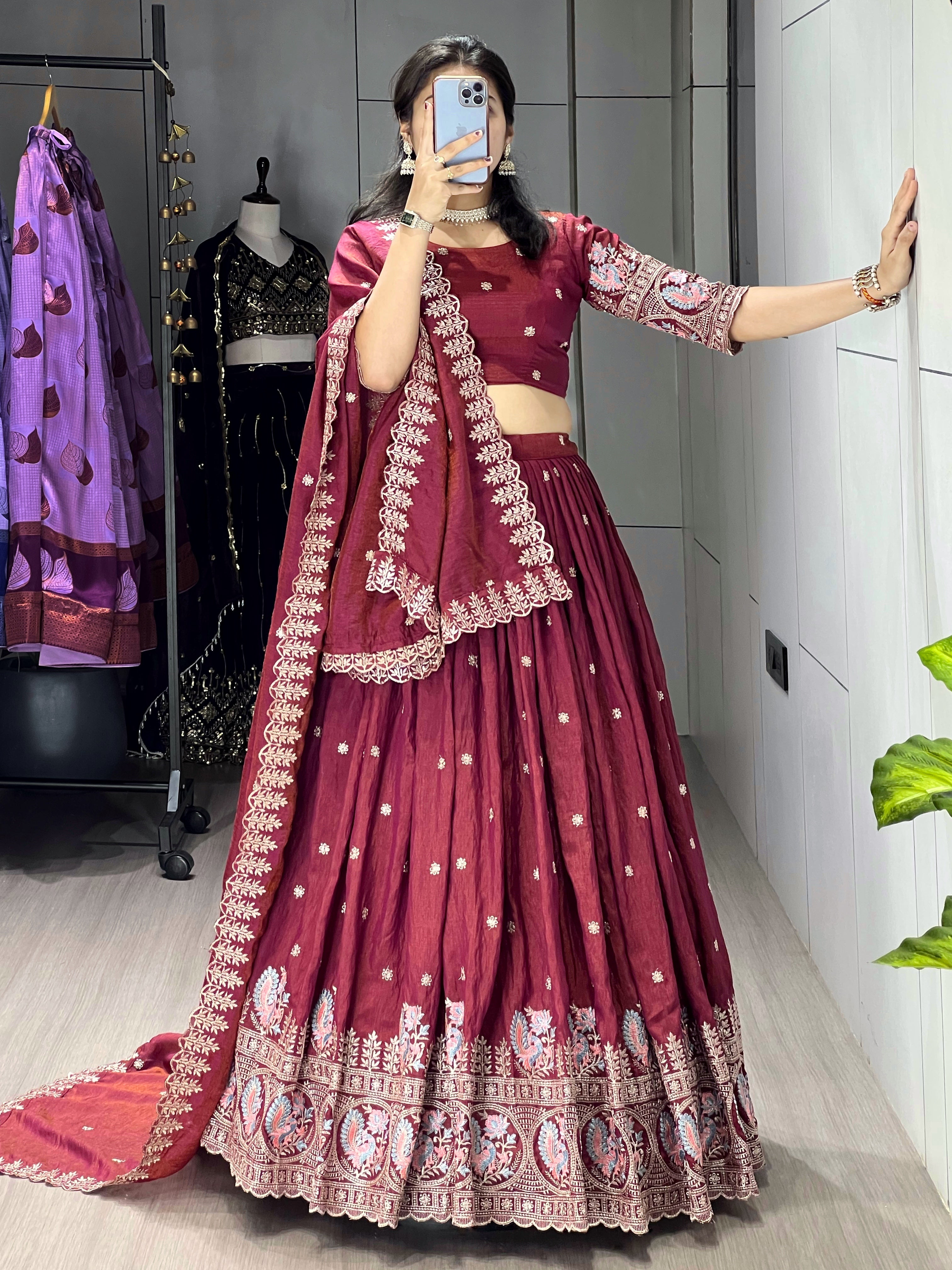 Burgandy Color Vichitraa Thread Embroidery Work Lehenga Choli