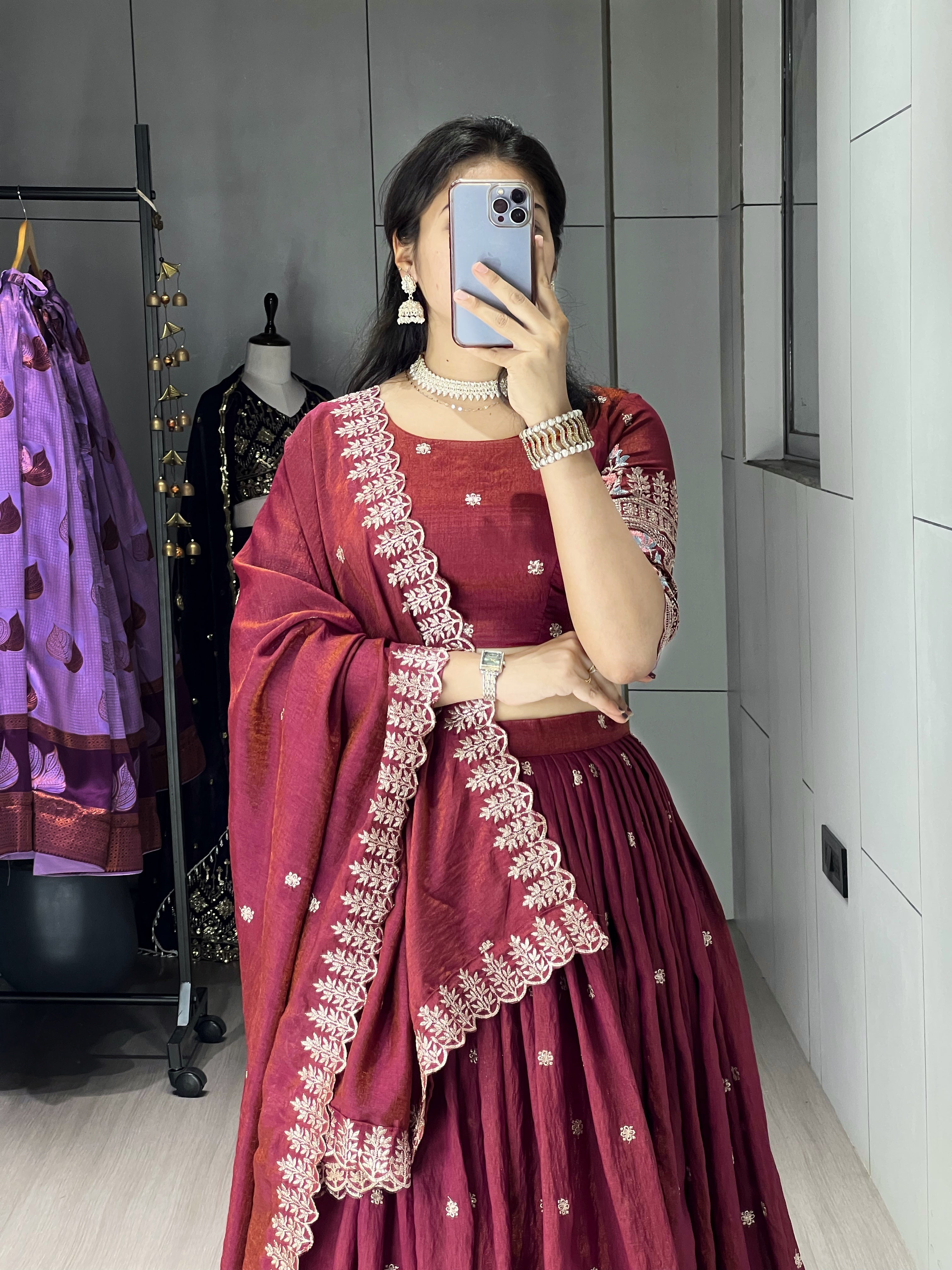 Burgandy Color Vichitraa Thread Embroidery Work Lehenga Choli