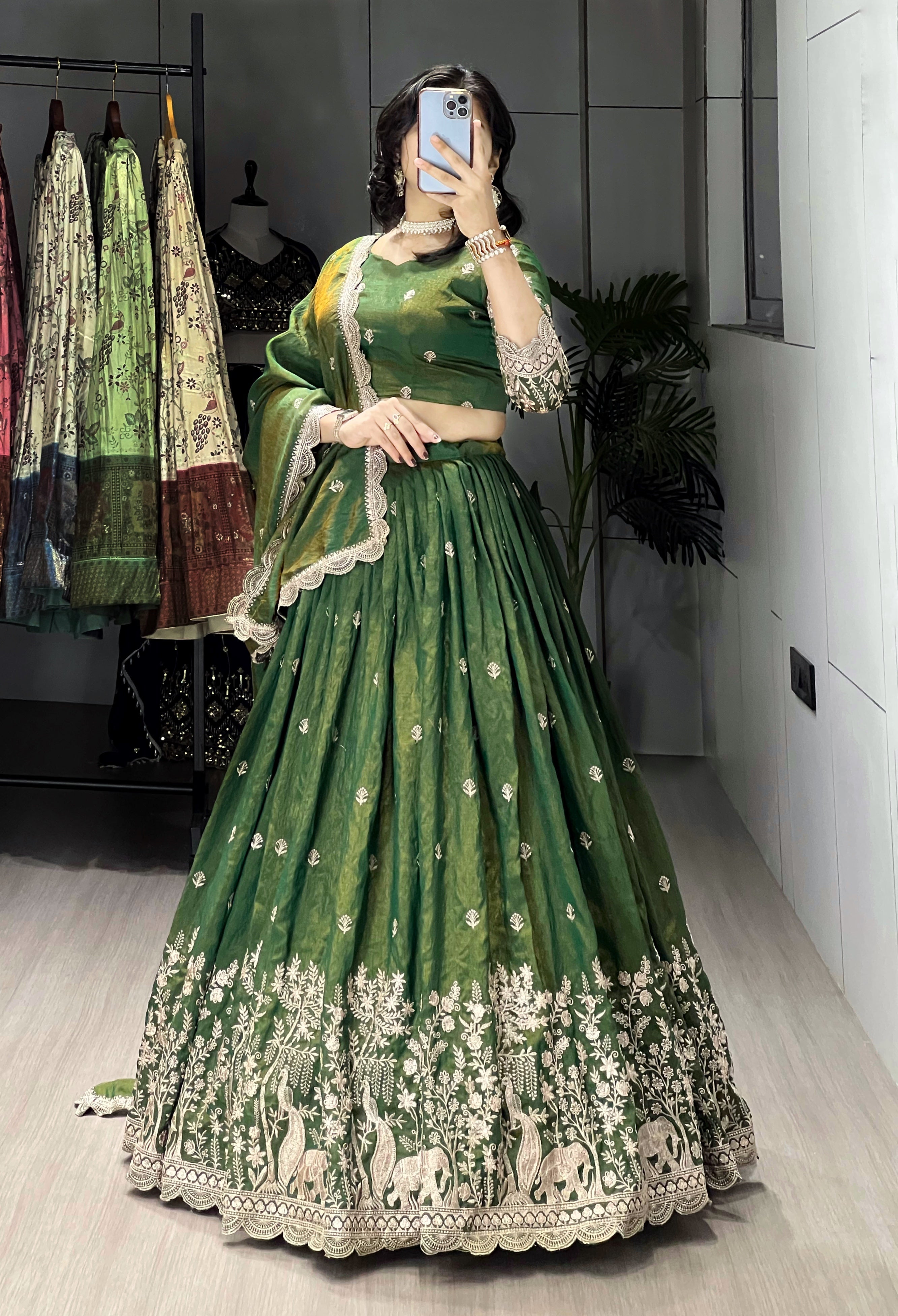 Classical Olive Green Embroidery Fully Stitched Premium Lehenga Sets