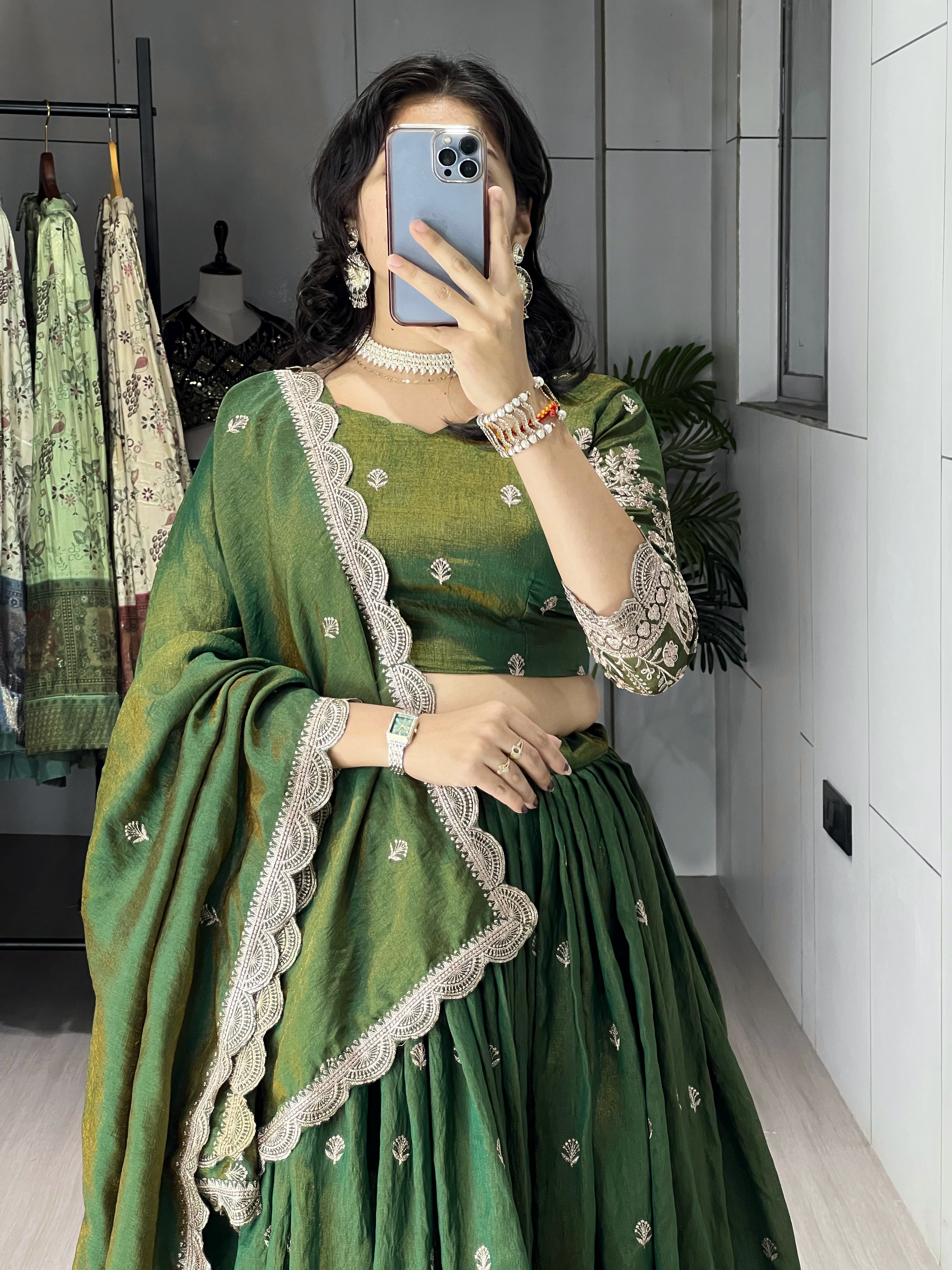 Classical Olive Green Embroidery Fully Stitched Premium Lehenga Sets