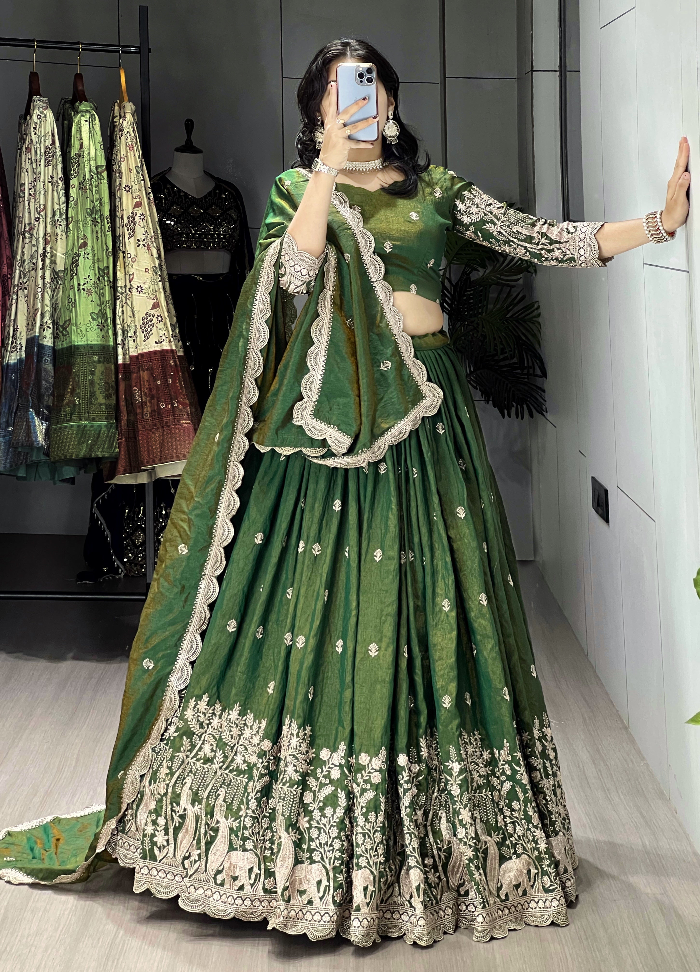 Classical Olive Green Embroidery Fully Stitched Premium Lehenga Sets