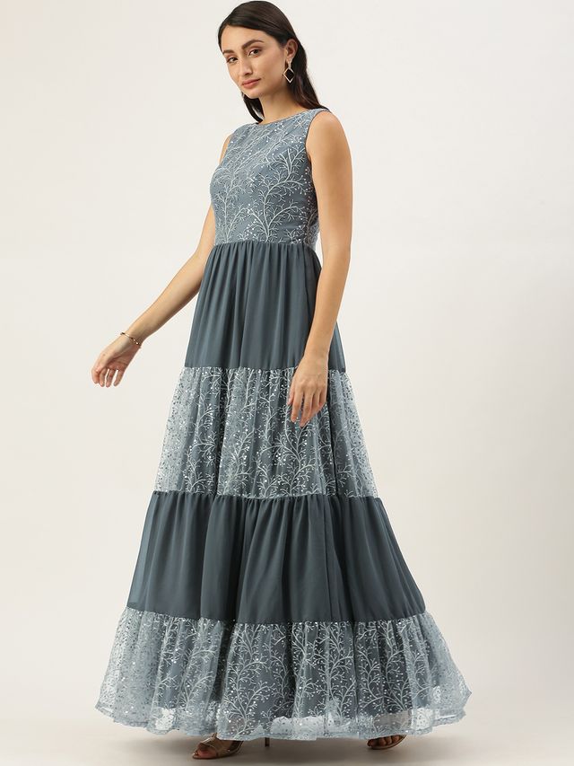 Bollywood Vogue Ready To Wear Grey Embroidered Net Tiered Gown
