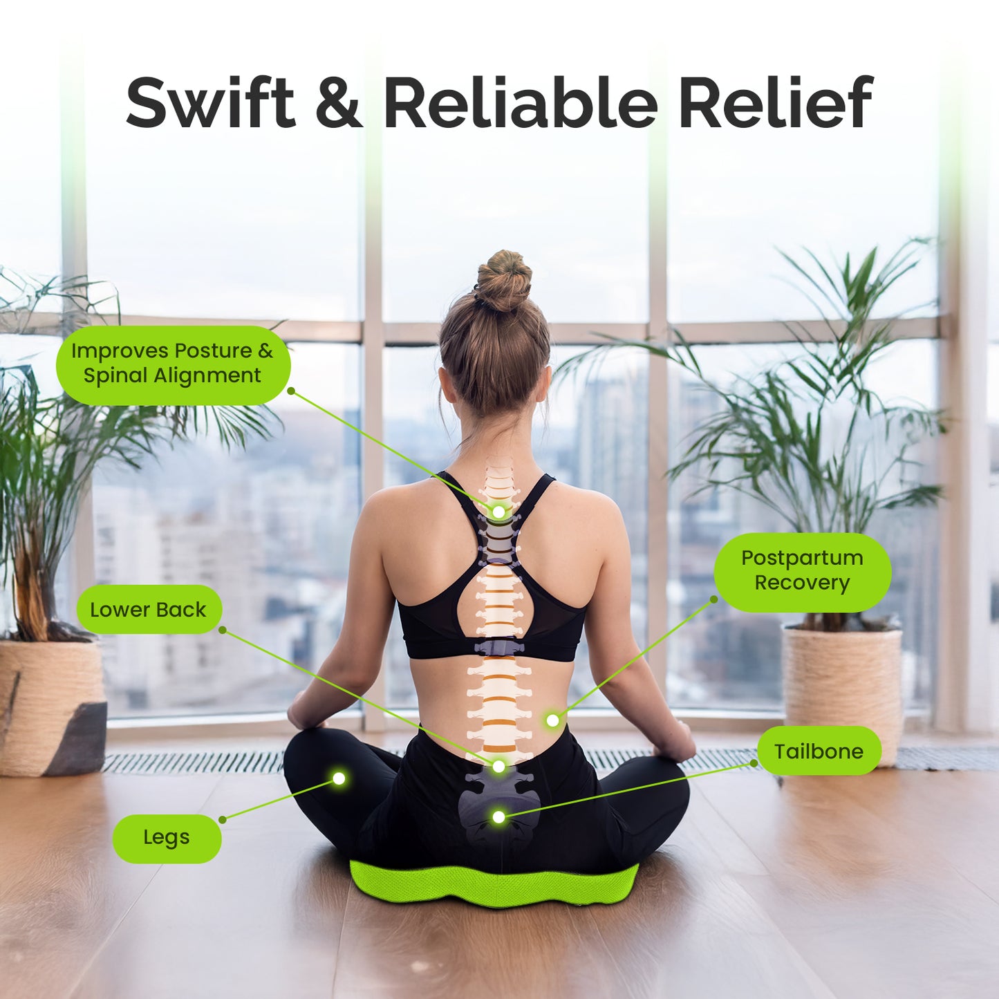 Sleepsia Orthopedic Coccyx U-Shape Seat Cushion Pillow for Tailbone Pain Relief (Black/Green)