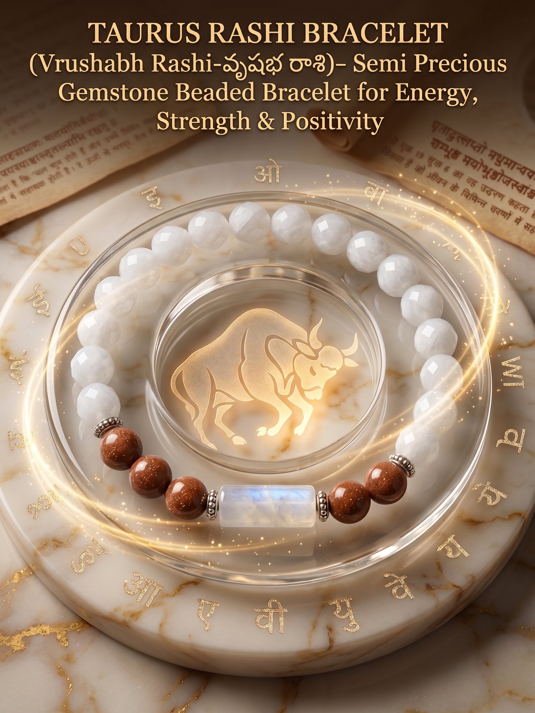 TAURUS RASHI BRACELET (Vrushabh Rashi-వృషభ రాశి)– Semi Precious Gemstone Beaded Bracelet for Energy, Strength & Positivity