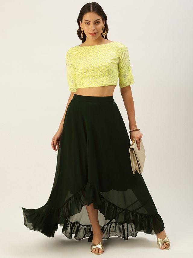 Bollywood Vogue Ready To Wear Lemon Yellow Embroidered Crop Top N Skirt
