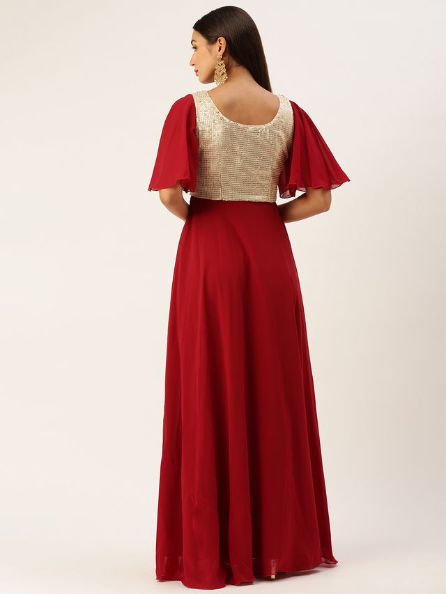 Bollywood Vogue Ready To Wear Maroon N Silver Sequins Embroidered Georgette Gown