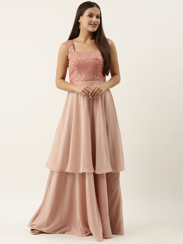 Bollywood Vogue Ready To Wear Pink Embroidered Georgette Layered Gown