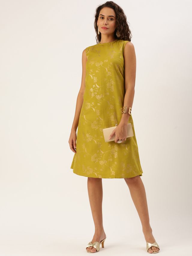 Bollywood Vogue Ready To Wear Olive Green Rayon Print Dress