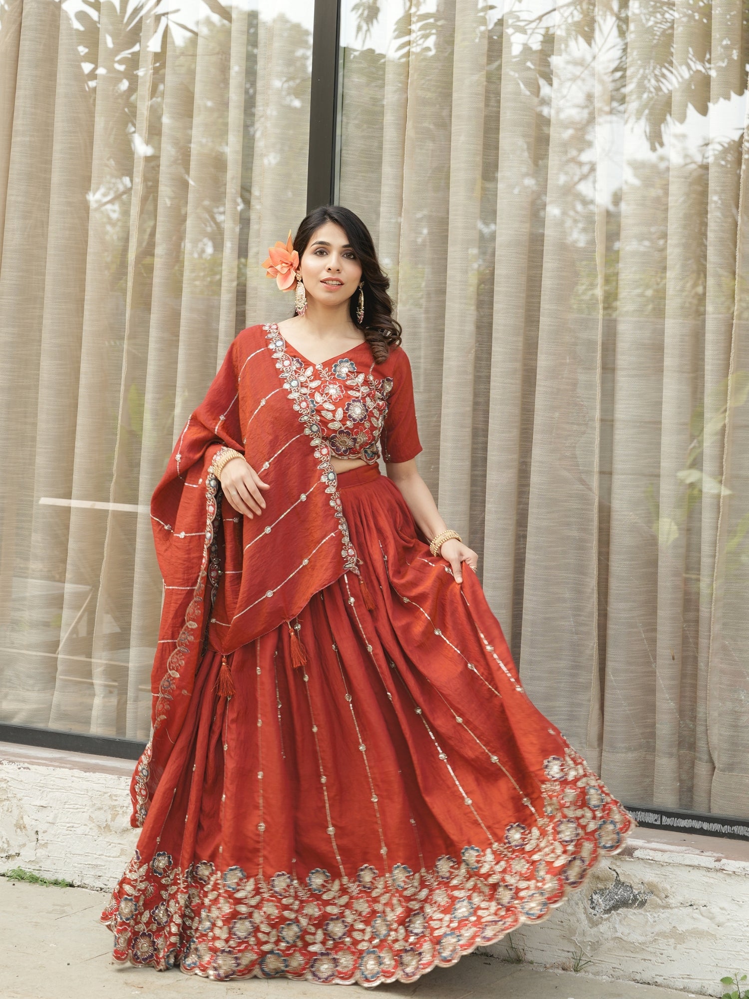 Rust Orange Embroidery Pipe Bead With Traditional Work Lehenga
