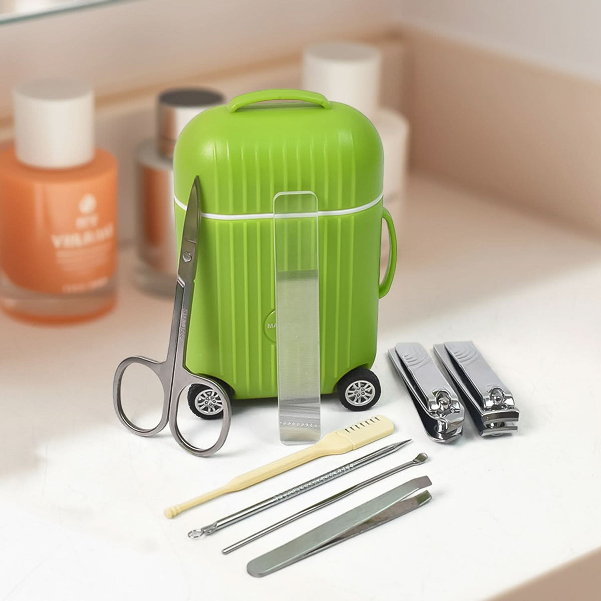 Manicure Kit Pedicure Tools For Feet Nail Clipper (8 Pcs Set With Mini 4 Wheel Suitcase Trolley) HP DD