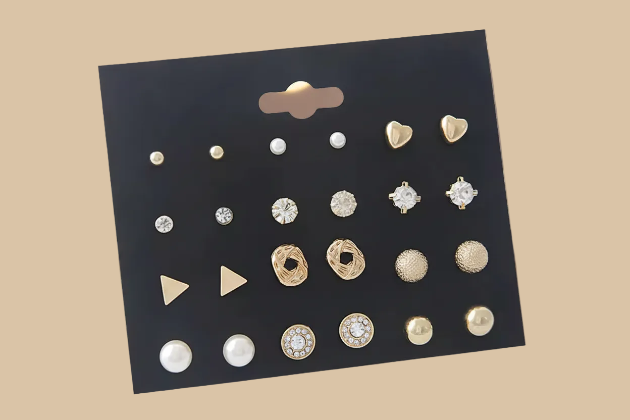 All Things Silver Diamond Triangle Heart Inlaid 12 Pairs Stud Earrings