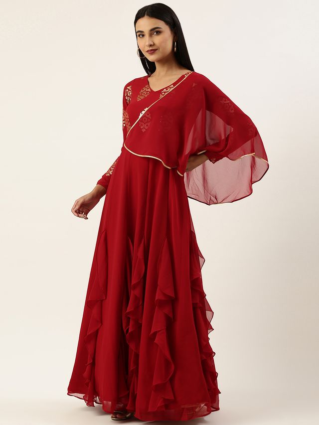 Bollywood Vogue Ready To Wear Maroon Embroidered Georgette Kali Flared Gown