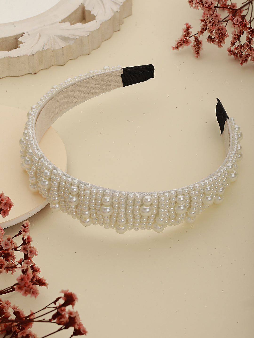 Gold-Toned & White Pearl Beaded Embellished Hairband