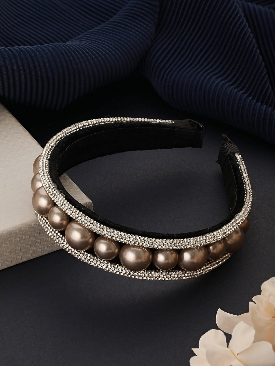 Black-Toned Metallic & Cz Studded Embellished Hairband
