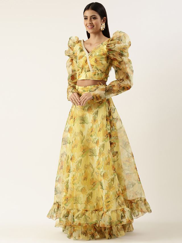 Bollywood Vogue Ready To Wear Yellow Printed Organza Lehenga