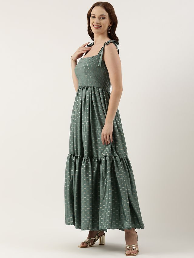 Bollywood Vogue Ready To Wear Green Chinon Foil Printed Maxi Dress