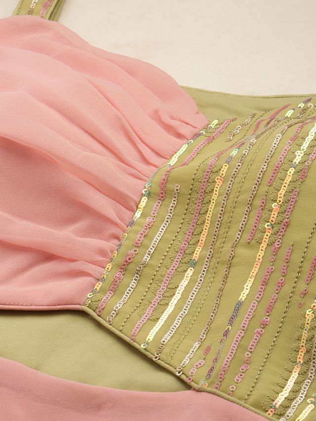 Bollywood Vogue Ready To Wear Green N Pink Sequence Embroidered Gown