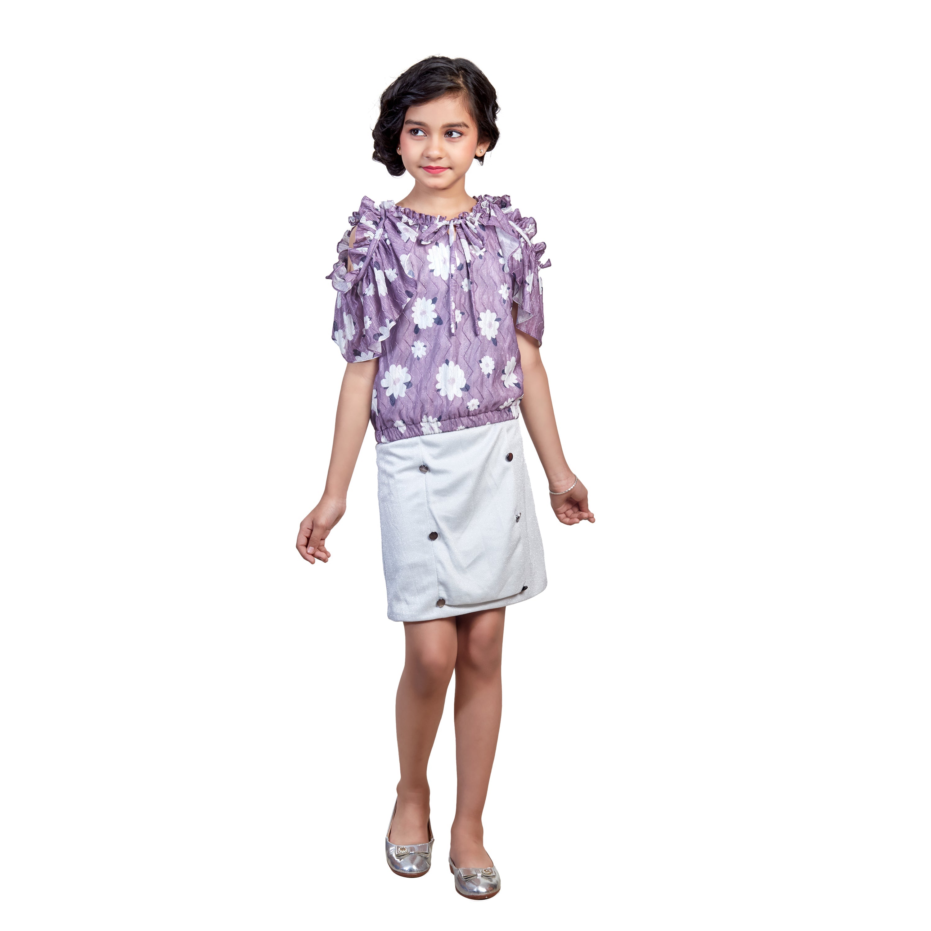 Girls Purple White Floral Printed Co-Ords Set KA00067 PURPLE Moozoo Fashions
