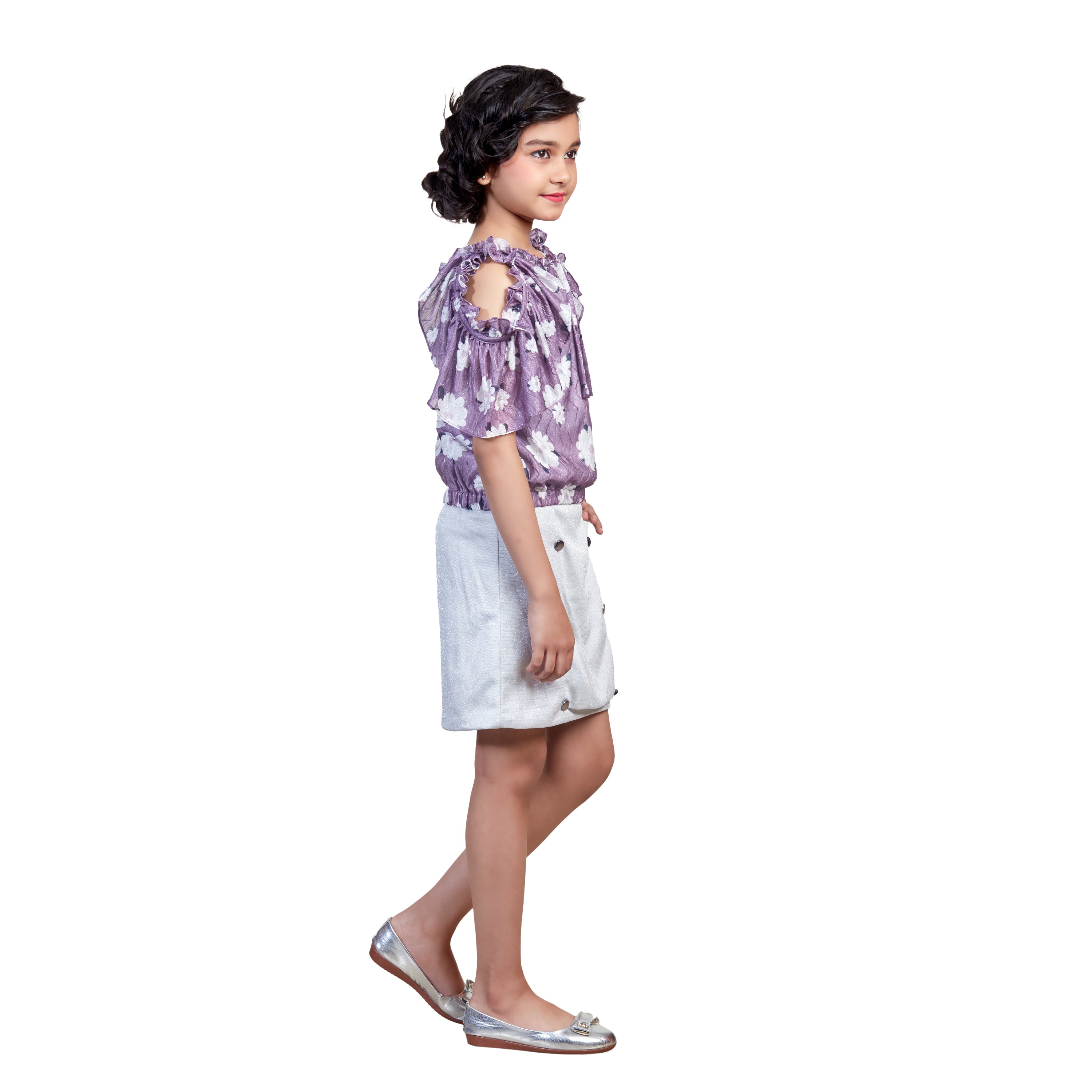 Girls Purple White Floral Printed Co-Ords Set KA00067 PURPLE Moozoo Fashions