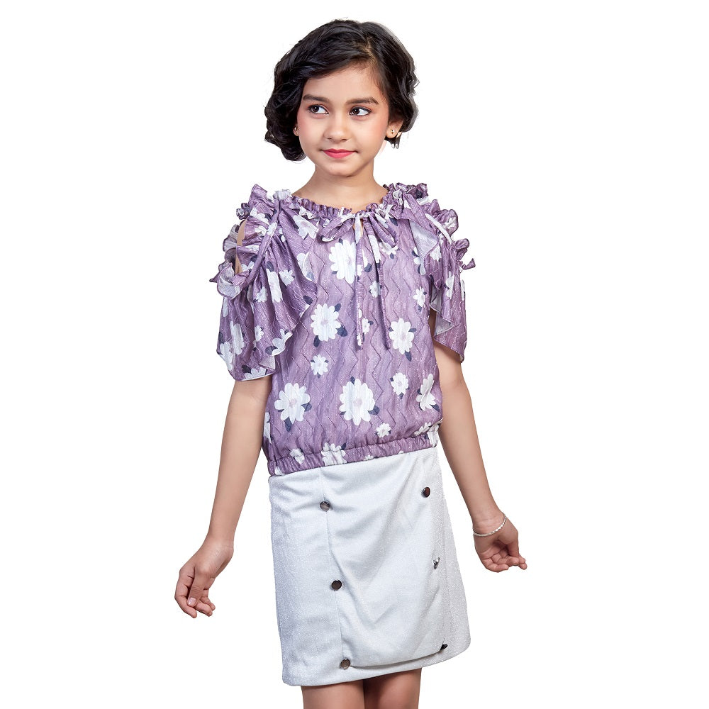 Girls Purple White Floral Printed Co-Ords Set KA00067 PURPLE Moozoo Fashions