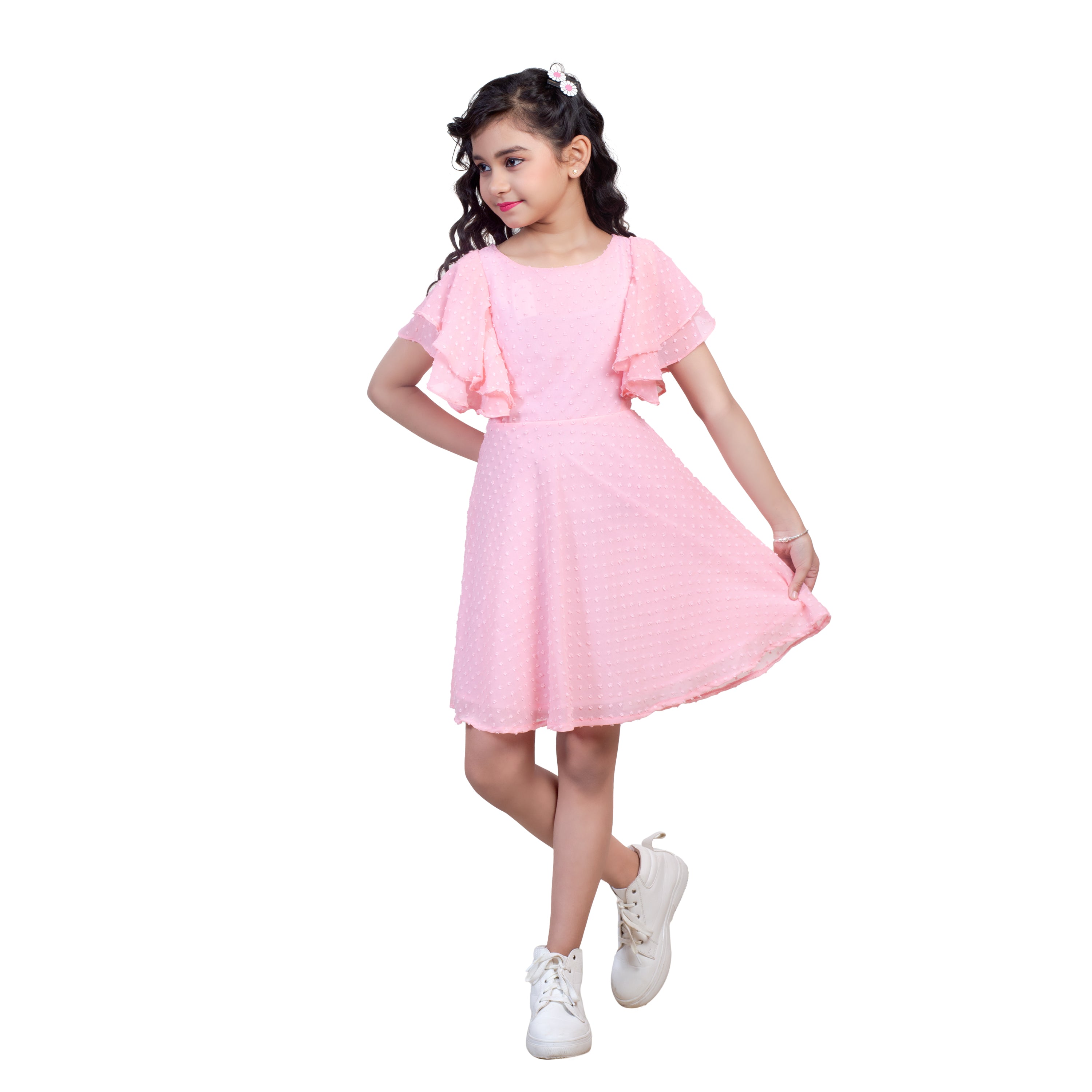 Girls Self Design Round Neck Fit Flare Dress Moozoo Fashions