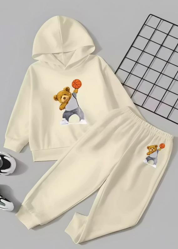 Kids Hooded Sweatshirt & Jogger Set – Basketball Bear Print Casual Wear (Cream) Luck Fashion
