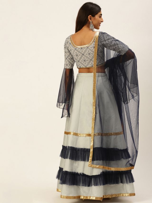 Bollywood Vogue Ready To Wear Blue N Grey Sequence Embroidered Lehenga Set