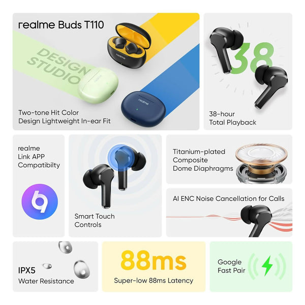 realme Earbuds T110 with Ai Enc for Calls, Upto 38 Hours of Playback and Fast Charging bluetooth in Ear Headset ( (multi colour)) Dreams Gadgets 2