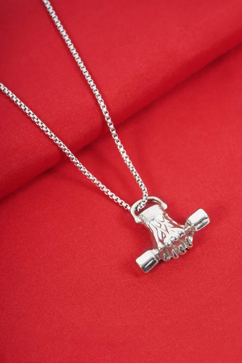 Weight Lifting Dumbbell Pendant Chain for Men - Silver,22 Inches