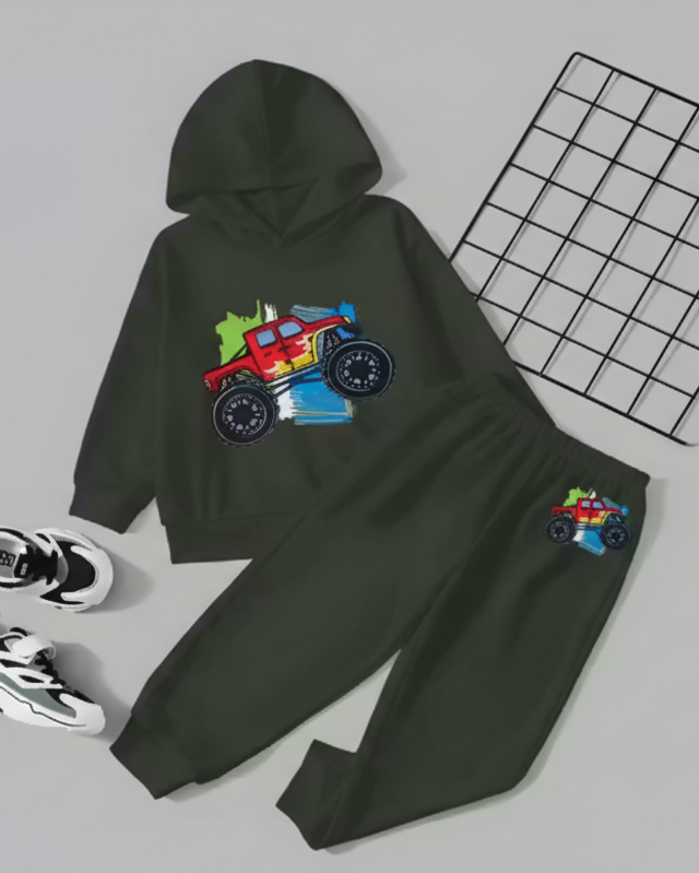 Kids Hooded Sweatshirt & Jogger Set – Monster Truck Print Casual Wear (Green) Luck Fashion