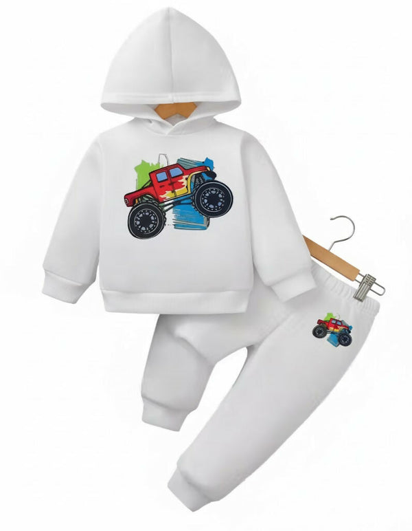 Kids rugged red monster truck Printed White Cotton Blend Hoodie & Jogger Set Luck Fashion