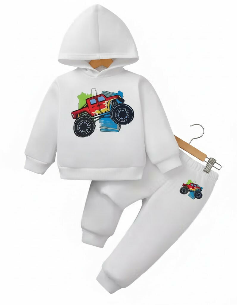 Kids rugged red monster truck Printed White Cotton Blend Hoodie & Jogger Set Luck Fashion